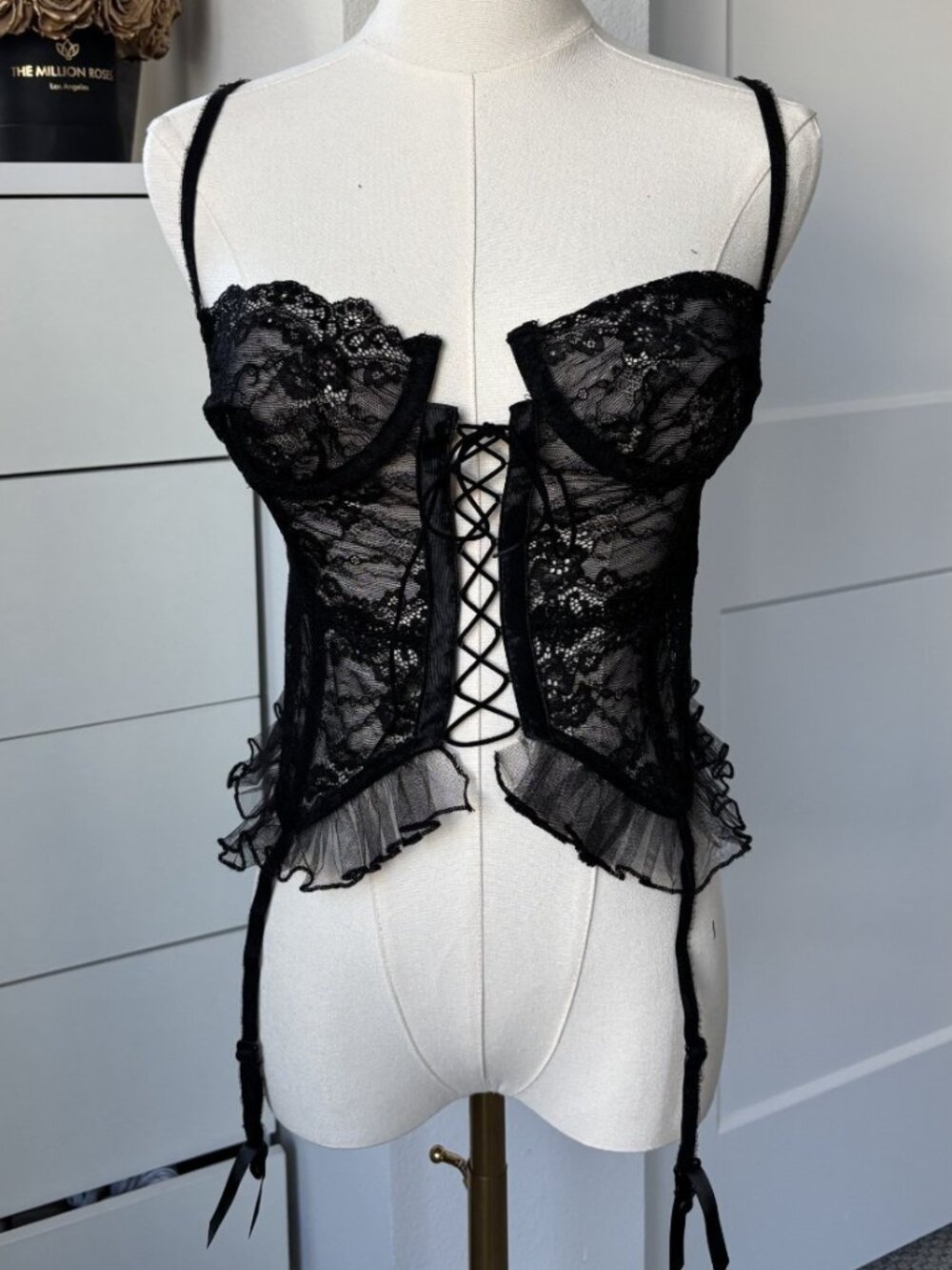 Dolls Kill Black Floral Lace Sheer Cami Ruffled Trim Bustier Top Women's Small